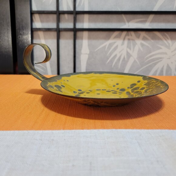 MCM Hanova of Pasadena Lava Enamel Mustard Candle Holder Handled Plate 8 1/2" - Picture 2 of 3